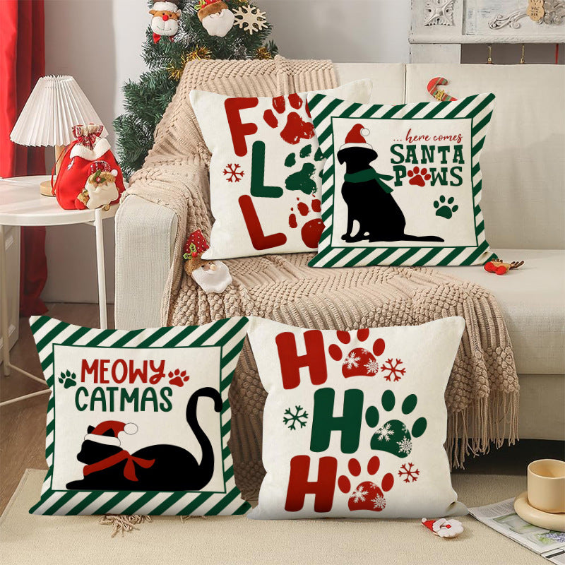 Christmas striped pillow cover linen black cat print pillowcase home holiday decoration cushion cover