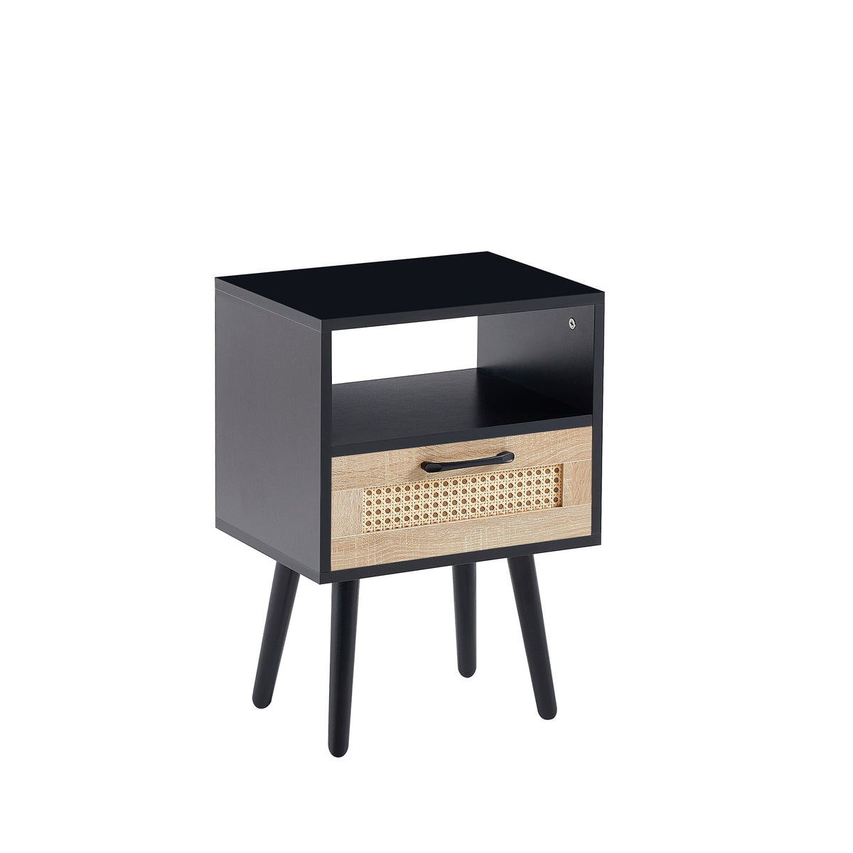 15.75" Rattan End table with drawer and solid wood legs Modern nightstand side table for living room black