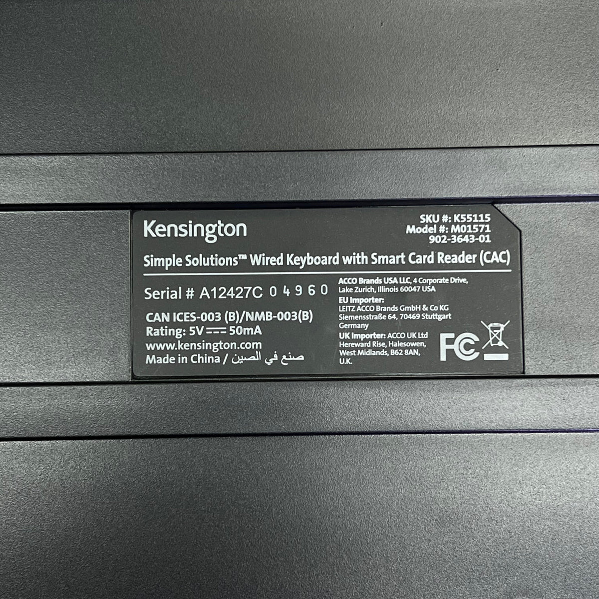 KENSINGTON Simple Solutions Wired Keyboard w/ Smart Card Reader Black K55115US
