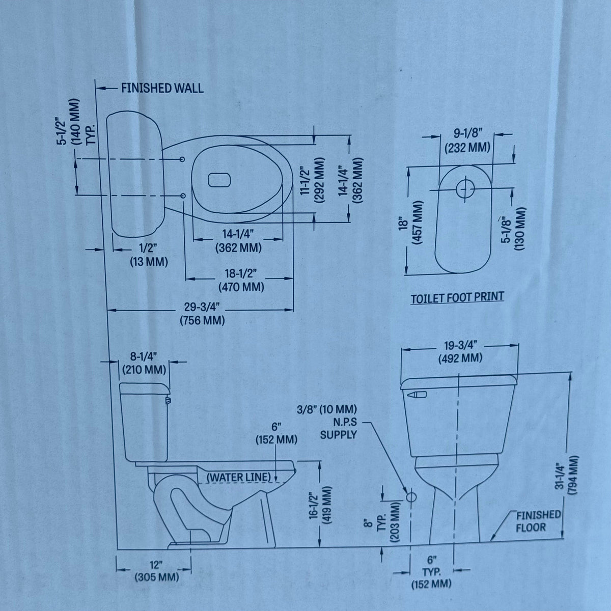 MANSFIELD Elongated Toilet Kit Sz 31 1/4” H x 19 3/4” W x 29 3/4” L 013710017