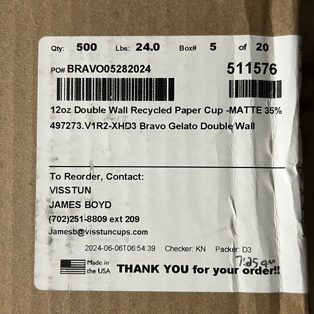 BRAVO (500 Cups) 12oz Double Wall Recycled Paper Cup Brown 511576