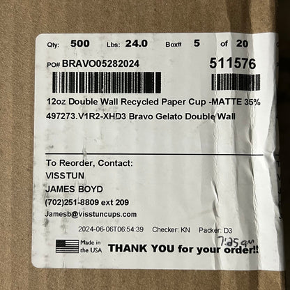 BRAVO (500 Cups) 12oz Double Wall Recycled Paper Cup Brown 511576