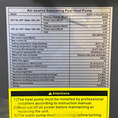 VARPOOLFAYE Air-Source Swimming Pool Heat Pump, Dark Grey KSPF-010L1UR1A2