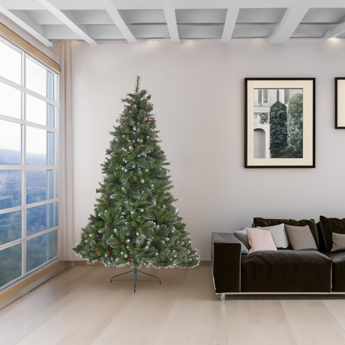 9' Glitter Bristle Mixed Hinged Tree with 72 Red Berry and 73 Pine Cones and 2099 tips,Dia:66