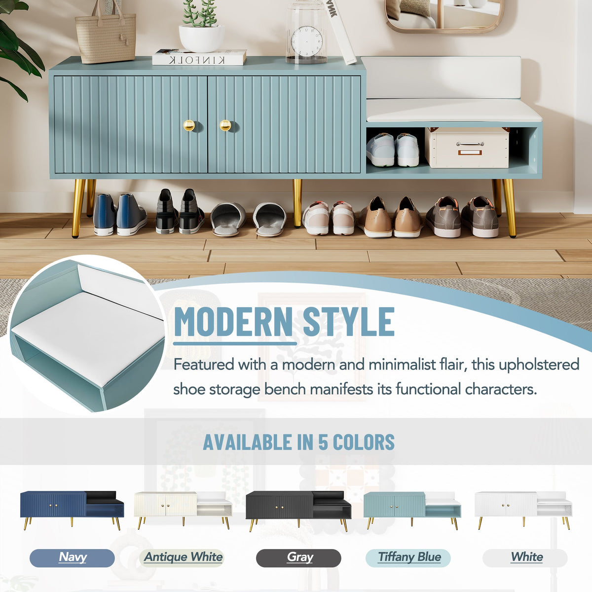 Modern Shoe Storage Bench with Hidden Storage and Upholstered Cushions for Bedside, Living Room and Entryway (Tiffany Blue)