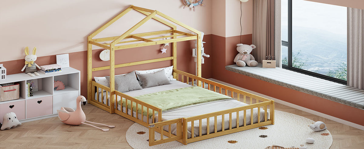 Wooden Full Size Children's Bed with Detachable Headboard and Integrated Clothes Drying Rack, Natural
