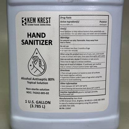 KEM KREST (3 PACK) Hand Sanitizer 1 Gal Alcohol Antiseptic 80% Topical Solution