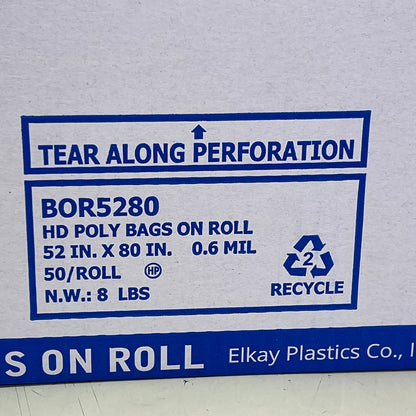 ELKAY PLASTICS (4 PACK, 50 BAGS PER ROLL) HD Poly Bags On Roll 52in. x 80in. B0R5280
