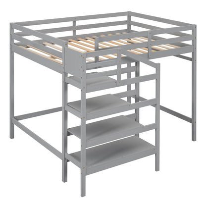 Full Size Loft Bed with Built-in Storage Staircase and Hanger for Clothes, Gray