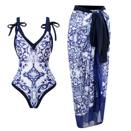 Two-piece one-piece swimsuit with skirt