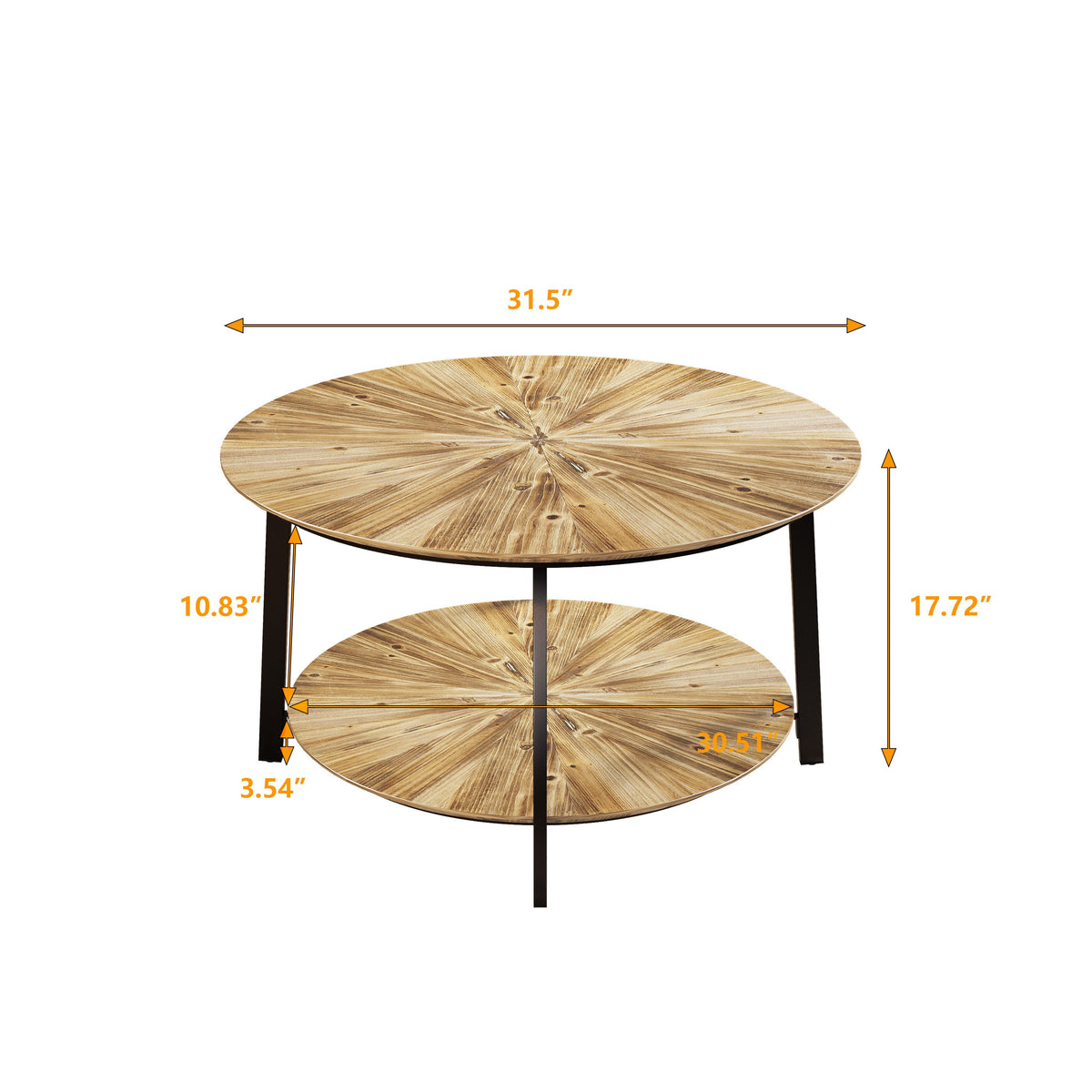 31.5 "Round Coffee Table Stand Wooden Double Layer Coffee Table with Open Storage Space and Metal Table Legs
