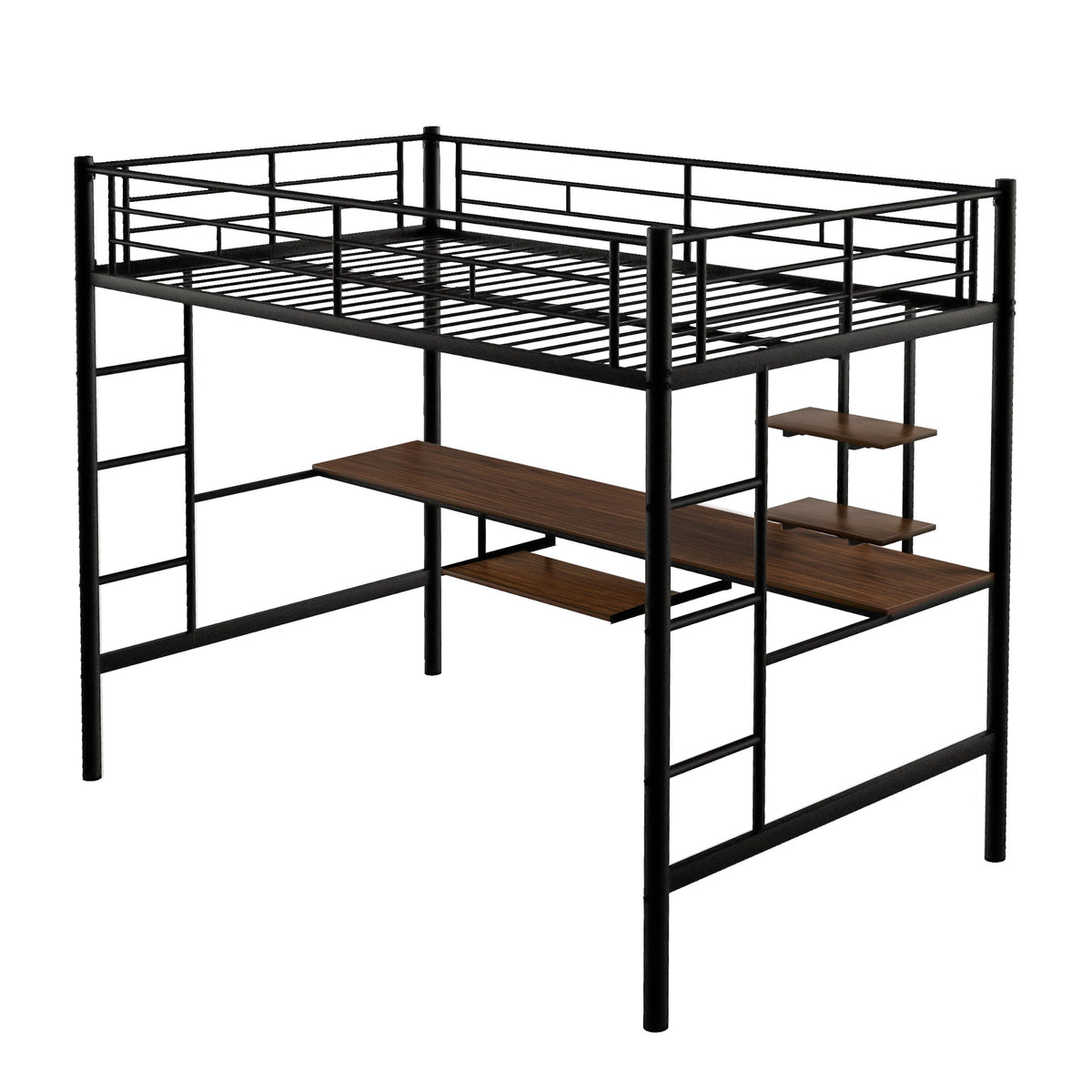 Loft Bed with Desk and Shelf   Space Saving Design Full Black