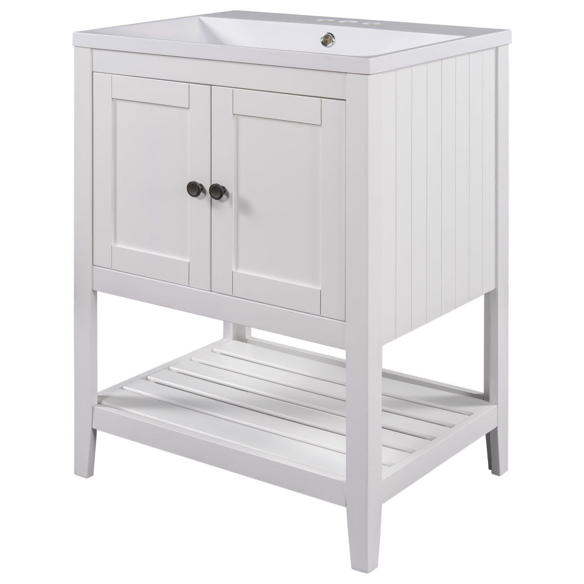 24" White Modern Sleek Bathroom Vanity Elegant Ceramic Sink with Solid Wood Frame Open Style Shelf