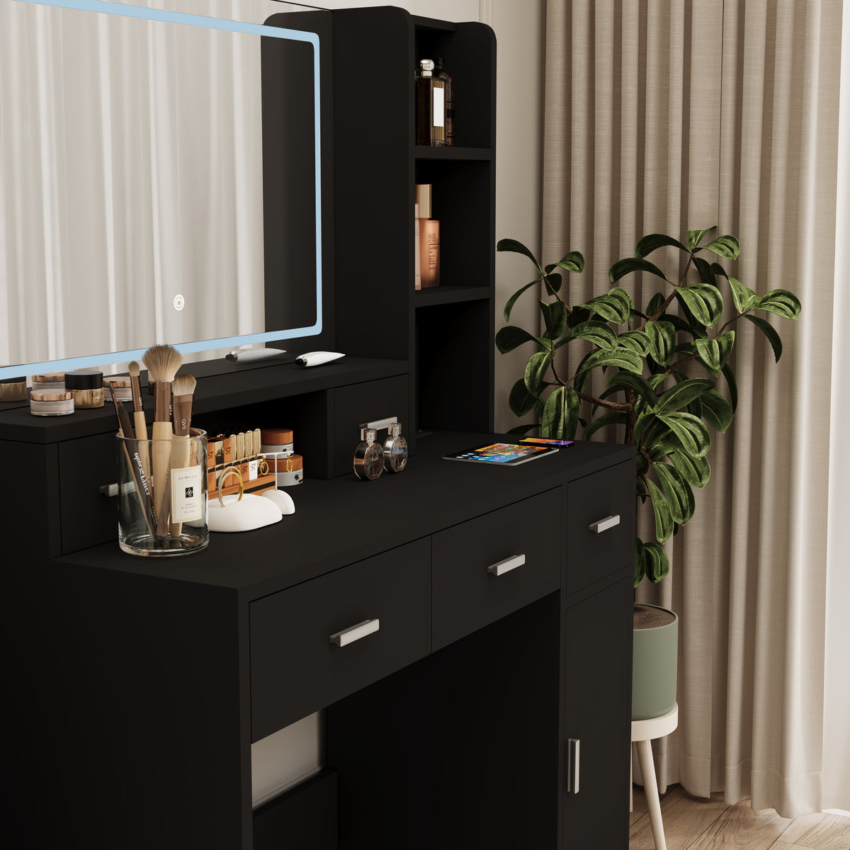 Smart mirror dressing table with drawers and storage cabinets