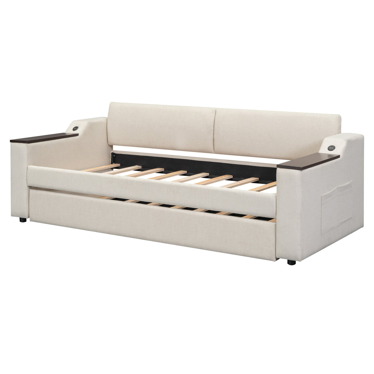 Twin Size Upholstery Daybed with Storage Arms  Trundle and USB Design Beige