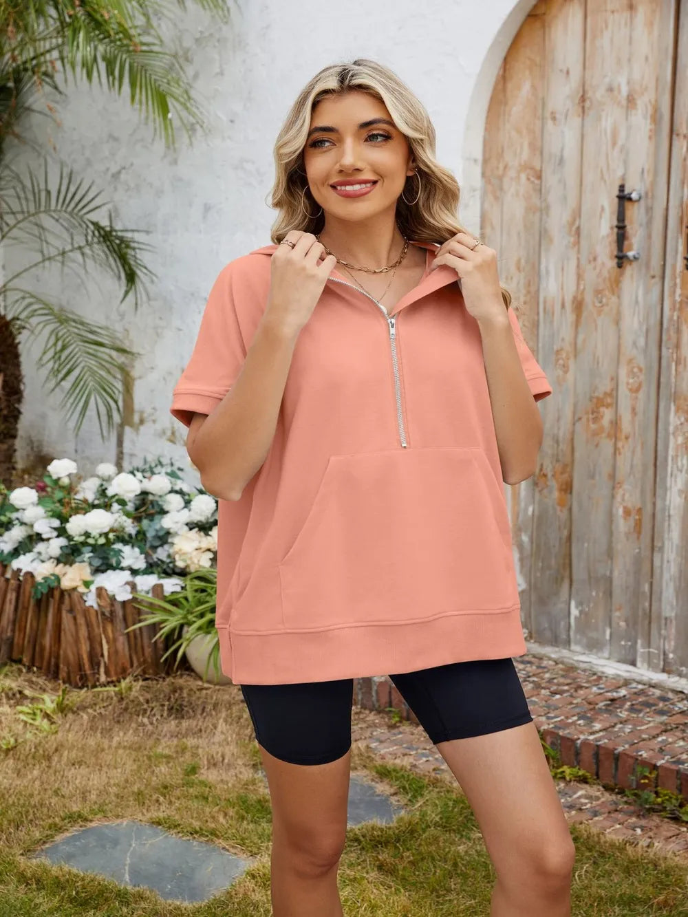 Half Zip Short Sleeve Hooded Top