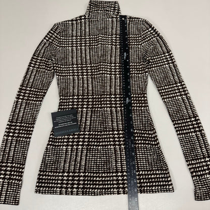 NORMA KAMALI Front Zip Slim Fit Turtle Top Women's Sz XS/34 Chocolate Plaid Tweed