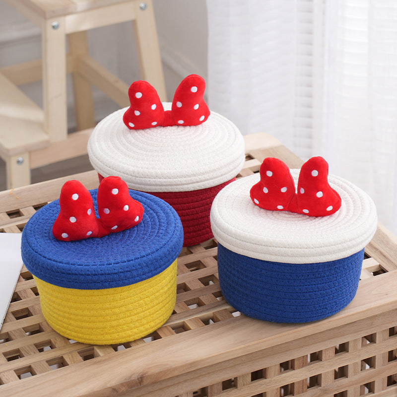 Cartoon cute home desktop sundries storage basket bedroom ornaments cotton rope storage basket with lid