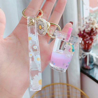 Glitter Quicksand Key Chain Liquid Floating Unicorn Keyring Keychain Bag Charm Milk Tea Cup Pendant Keyfob Gift for Women