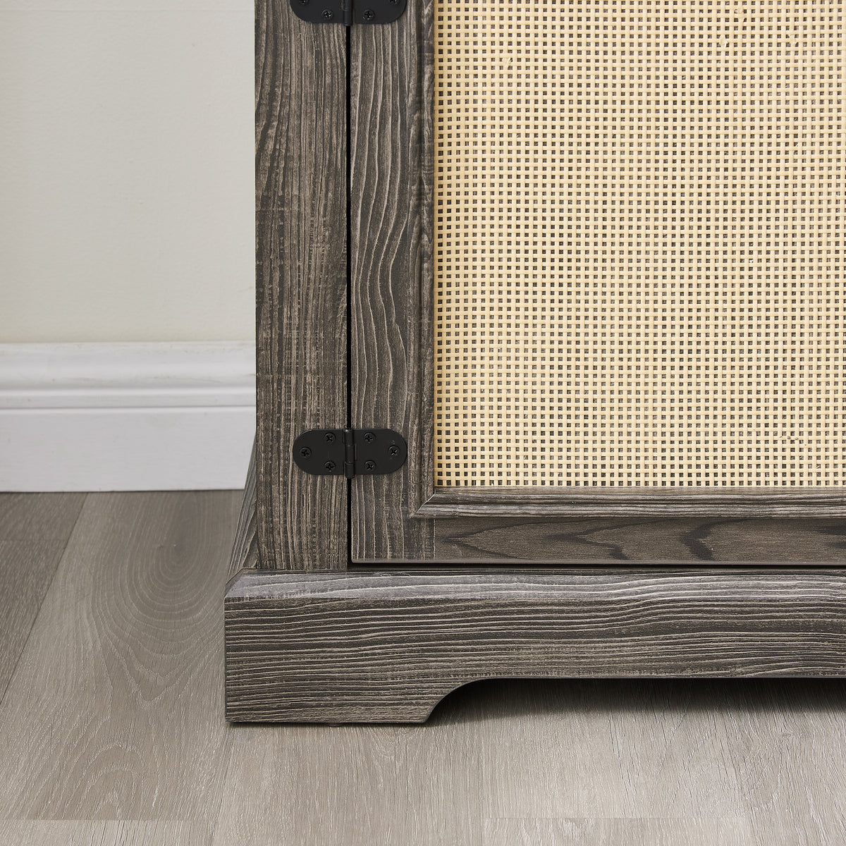 Vine TV stand console table, suitable for TVs under 70 inches, equipped with 2 storage shelves and 2 natural rattan doors, gray