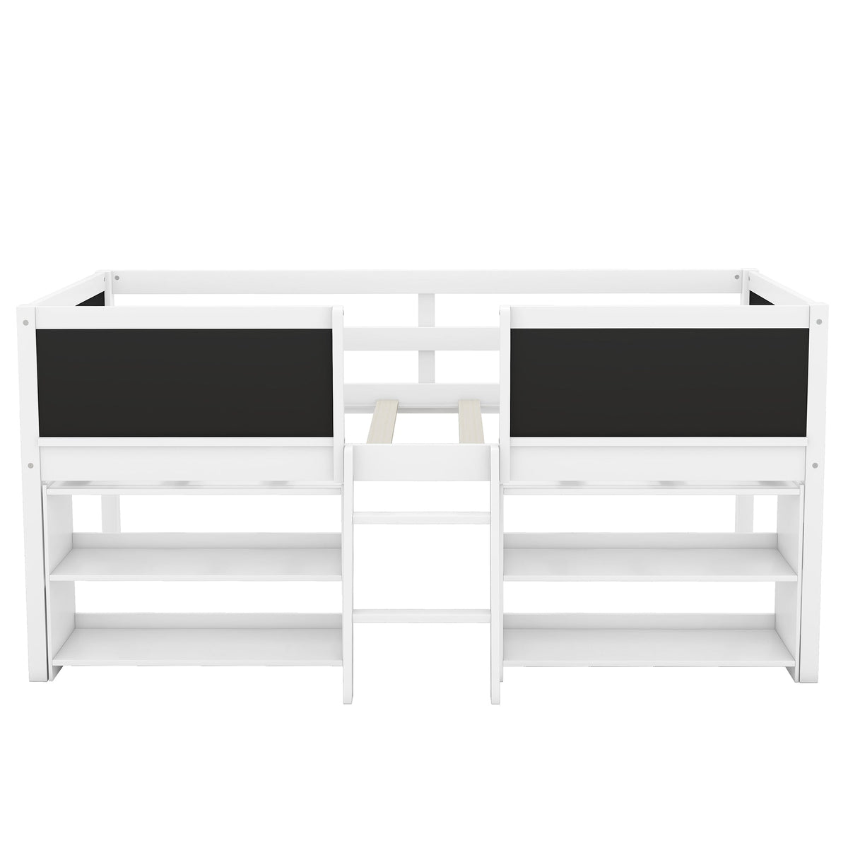 Twin Size Low Loft Bed with Two Movable Shelves and Ladder,with Decorative Guardrail Chalkboard,White