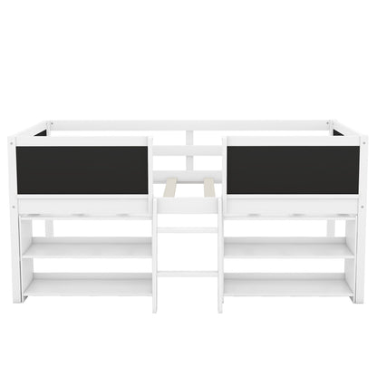 Twin Size Low Loft Bed with Two Movable Shelves and Ladder,with Decorative Guardrail Chalkboard,White