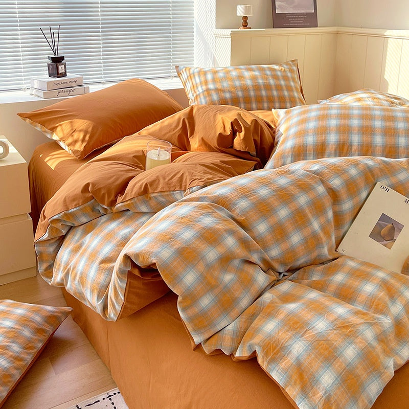 Cotton Dyed Washed Cotton Bedding Set Pure Cotton A Class Flat Sheet Quilt Cover Fitted Sheet Quilt Cover Three-Piece Set Striped