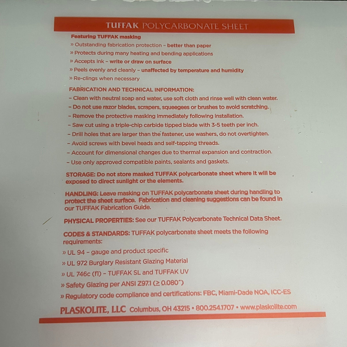 TUFFAK Clear Plastic Polycarbonate Sheet 96"x48"x1/4" (w/ White Peel-off Film)
