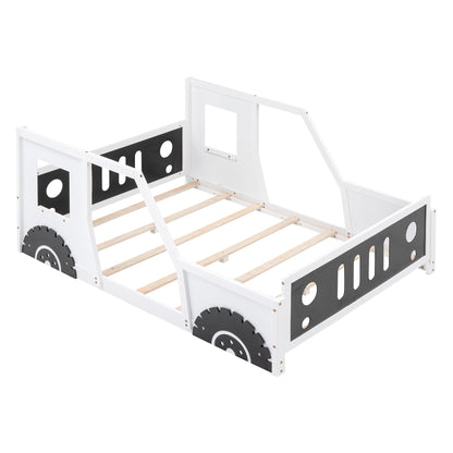 Full Size Classic Car-Shaped Platform Bed with Wheels White