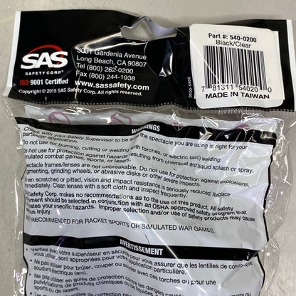 SAS SAFETY CORP (12 PACK) Premium Safety Eyerwear Black Frame/Clear Lens 540-0200
