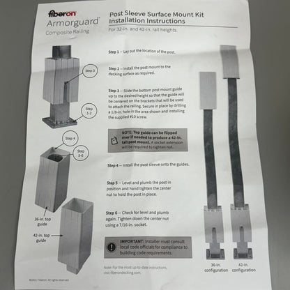 FIBERON Easy Install Post Sleeve Surface Mount Kit 37"x3.5" Silver 10131