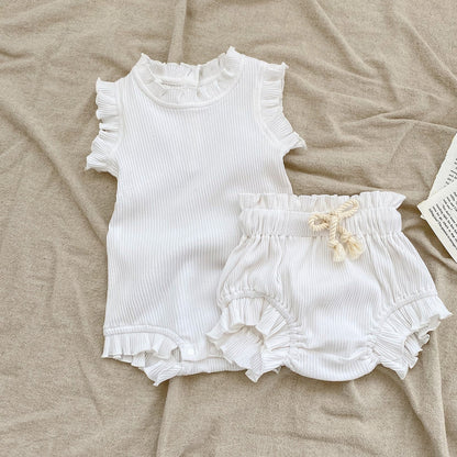 Baby Pit Thread Crawling Clothes Spring/Summer Wooden Ear Edge Girls' Harper+Drawstring Big PP Pants Set