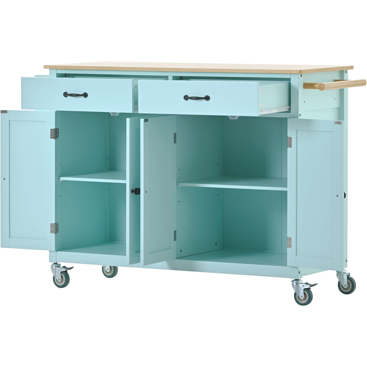 Kitchen Island Cart with 4 Door Cabinet and Two Drawers and 2 Locking Wheels - Solid Wood Top (Mint Green)