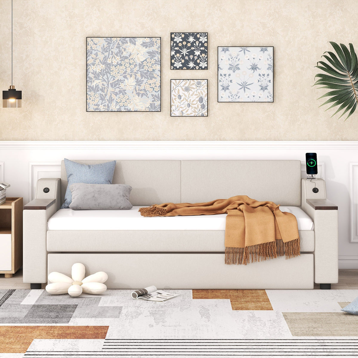 Twin Size Upholstery Daybed with Storage Arms  Trundle and USB Design Beige