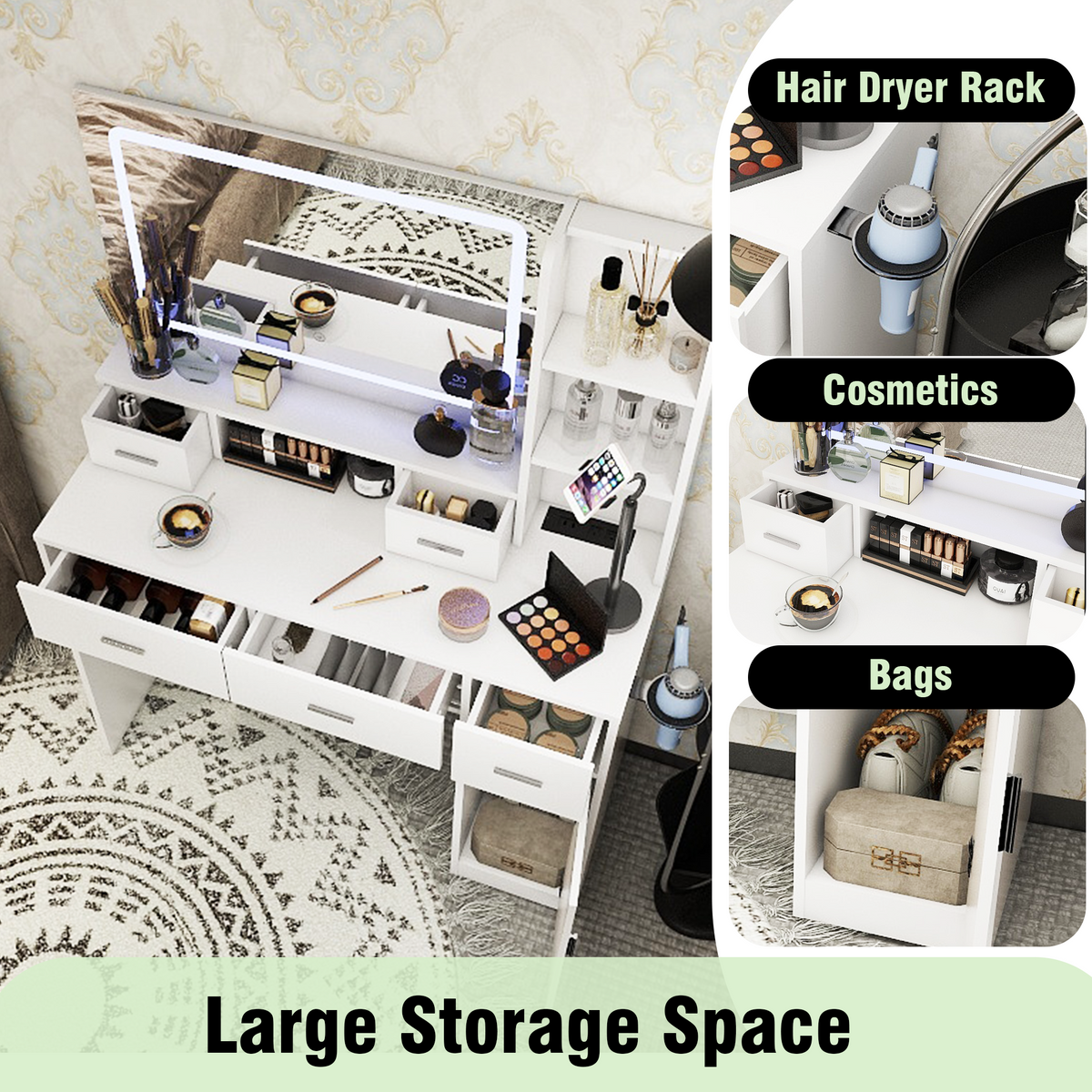 Smart mirror dressing table with drawers and storage cabinets, dressing table with bedroom dressing table, changing room