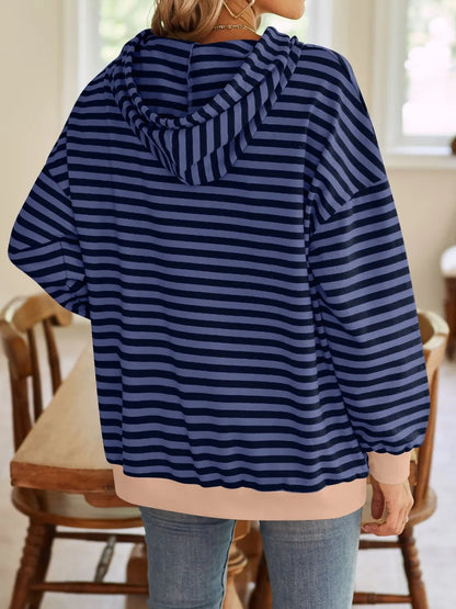 Loose casual striped hooded sweatshirt