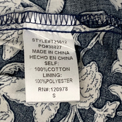 ENTRO Floral Pattern Ruffle Blouse Women's Sz S Navy/White T25612