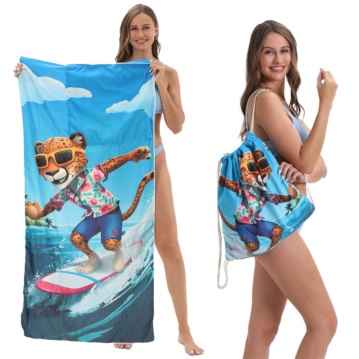 Two-in-One Foldable Beach Towel Printed Bath Towel All-In-One Beach Towel with Storage Bag