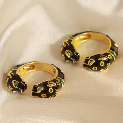 Black Panther Diamond Set Enamel Glazed Open Ring Fashionable and niche Design Jewelry for Women