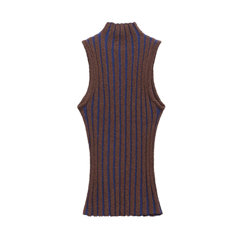 Half high neck sleeveless slim knit sweater for women