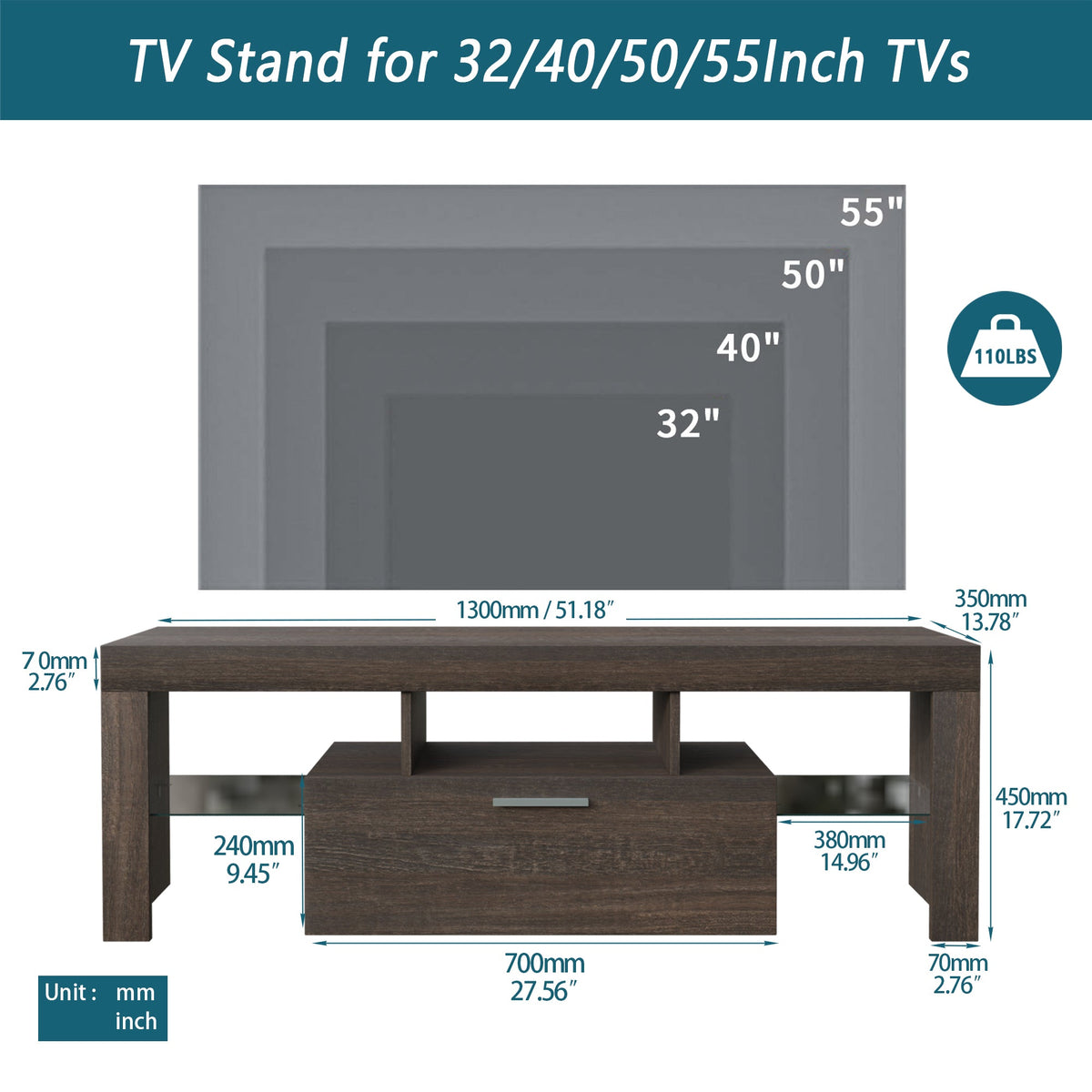 20 minutes quick assembly brown simple modern TV stand Brown TV bracket with LED Color Changing Lights for Living Room