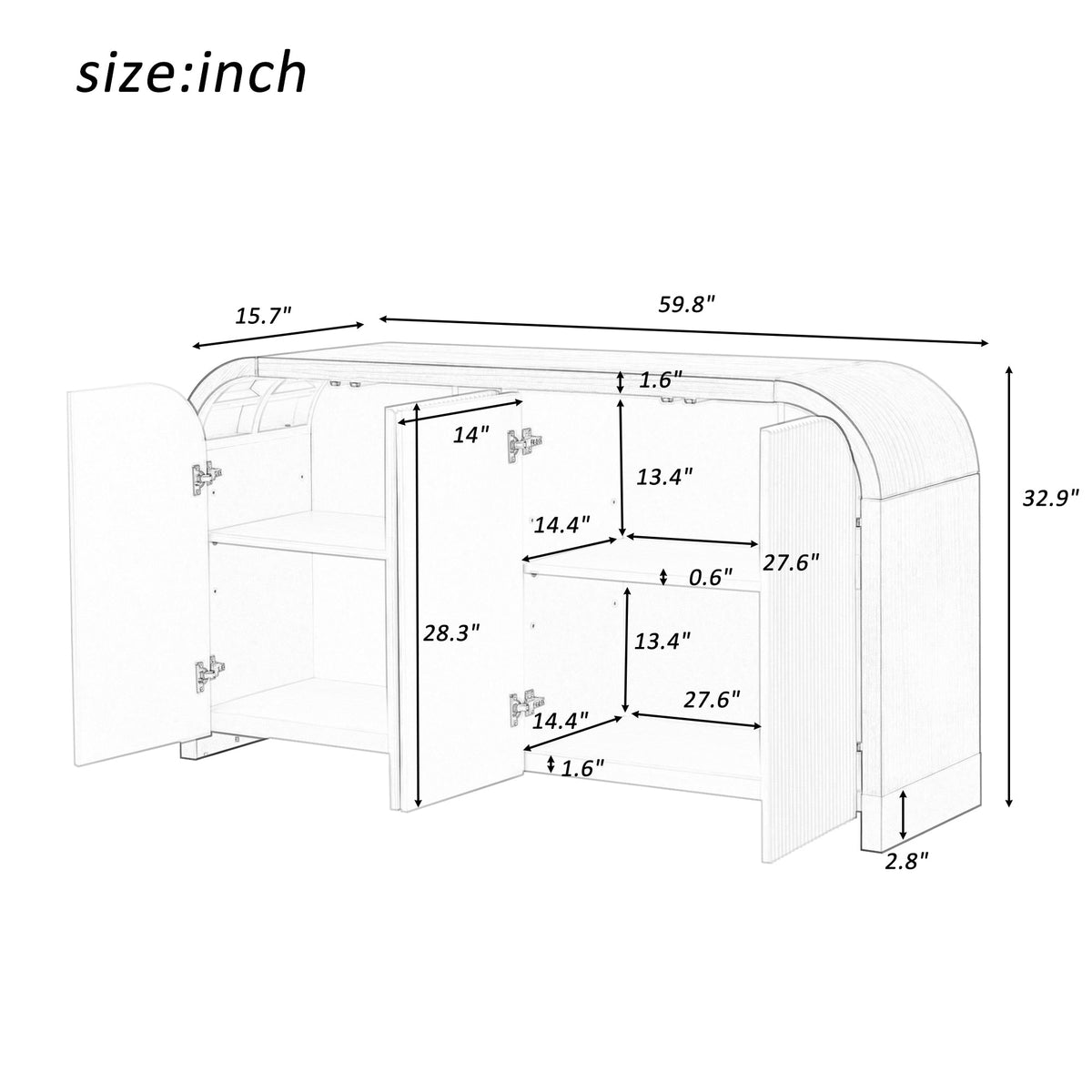 U-STYLE four door curved corner design wavy door panel cabinet with adjustable shelves