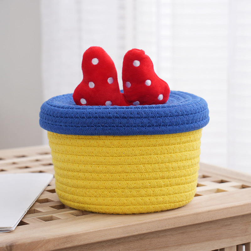 Cartoon cute home desktop sundries storage basket bedroom ornaments cotton rope storage basket with lid