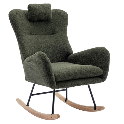 35.5-inch soft Teddy fabric rocking chair with pockets, comfortable wing straps, secure solid wood base (dark green)