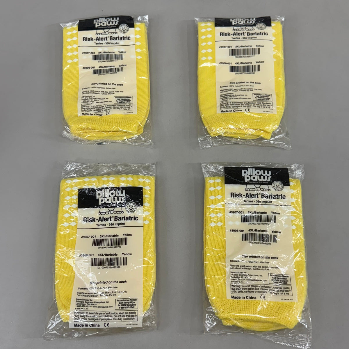 PILLOW PAWS (4 PACK) Unisex Non-Skid Slipper Socks  Adult 3XL Yellow
