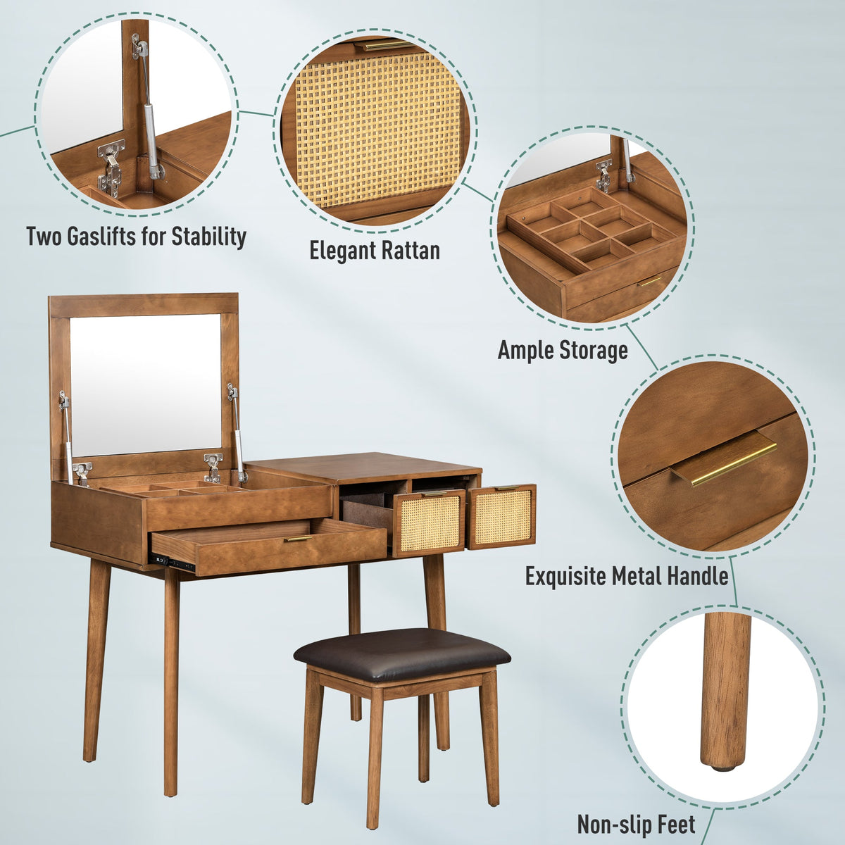 43.3 "Wooden vanity set with flip mirror and stool, three drawers and storage space for dressing table, brown
