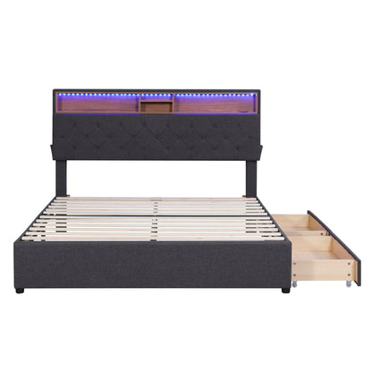 Queen Size Upholstered Platform Bed with Storage Headboard, LED, USB Charging and 2 Drawers Dark Gray