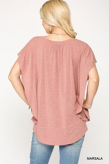 Leopard Jacquard Knit Jersey Top With Front Tie, Ruffled Sleeve
