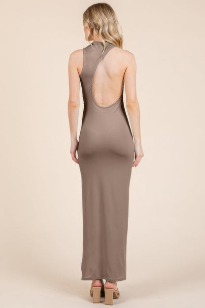 Back Cut Out Side Shirring Side Slit Maxi Dress
