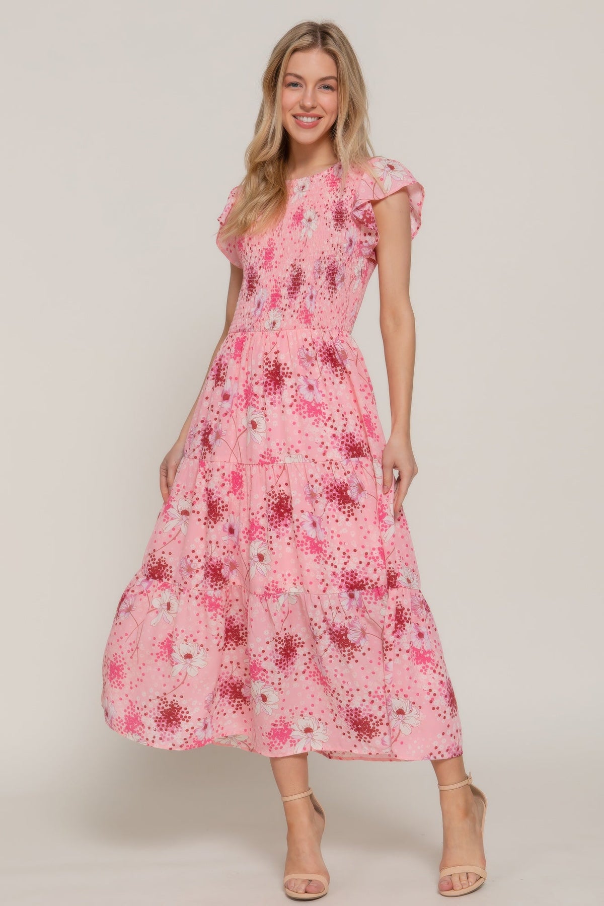Ruffl Slv Smocked Floral Print Dresss